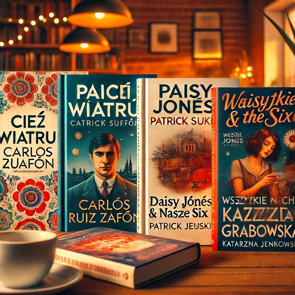 A visually appealing arrangement of four books from the fiction and literature category, set on a wooden table with warm ambient lighting. The book titles are 'Cień wiatru' by Carlos Ruiz Zafón, 'Pachnidło' by Patrick Süskind, 'Daisy Jones & The Six' by Taylor Jenkins Reid, and 'Wszystkie nasze chwile' by Katarzyna Grabowska. Each book has unique cover designs with vibrant colors and distinct fonts, highlighting their individual themes. Background includes a cozy setting with a cup of coffee and a small plant for aesthetic effect.